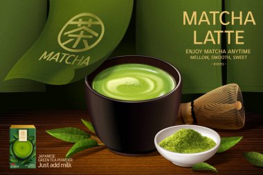 Japon matcha latte reklamı 3D illüstrasyon, Japon ahşap tabağı üzerine kurulmuş, arkasında yeşil perde var, Çevirisi: