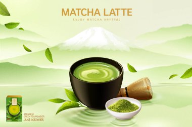 Japon matcha latte reklamı 3D illüstrasyon, Japon dağ resmi arka planında eşleşen kupa.