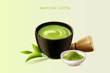 Açık yeşil arka planda izole edilmiş, 3 boyutlu resimli Japon matcha latte seti.