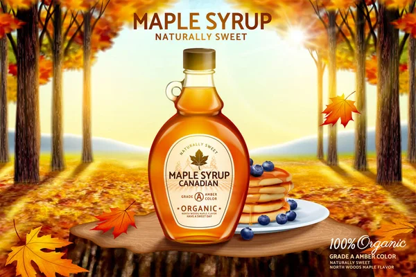 Kanada akçaağaç şurubu reklamı ve romantik sonbahar ormanı arka planı, 3 boyutlu illüstrasyon.