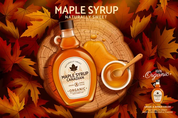 加拿大枫树糖浆广告3D插图 玻璃瓶模型设置在树桩上的浪漫枫叶顶部 — 图库矢量图片