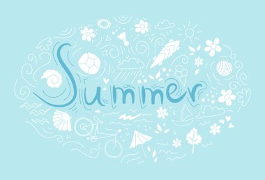 yazıt yaz arka plan deseni ile bisiklet, top, süsleri, kaykay, kabukları ve çiçekler.