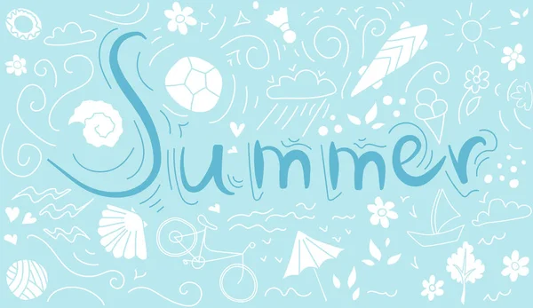 题字夏天背景样式与自行车 贝壳和花 — 图库矢量图片