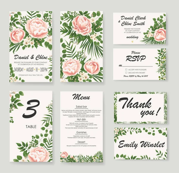 Set Boda Invitación Con Peonías Flores Hojas Verdes Rsvp Diseño — Archivo Imágenes Vectoriales