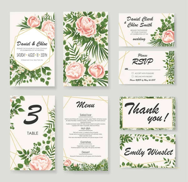 Set Boda Invitación Con Peonías Flores Hojas Verdes Rsvp Diseño — Archivo Imágenes Vectoriales