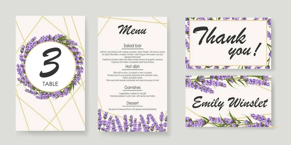 Set Boda Invitación Con Lavanda Elegante Ilustración Vectorial — Archivo Imágenes Vectoriales