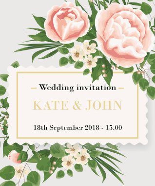 Düğün davet şablonu peonies, çiçek ve yeşil yaprakları. RSVP bir modern kartı tasarımıdır. Doğal, botanik, zarif vektör çizim