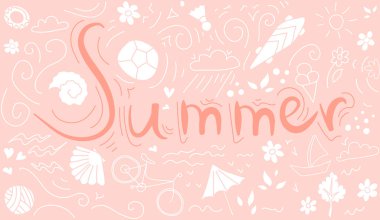 yazıt yaz arka plan deseni ile bisiklet, top, süsleri, kaykay, kabukları ve çiçekler.