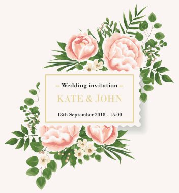 Düğün davet şablonu peonies, çiçek ve yeşil yaprakları. RSVP bir modern kartı tasarımıdır. Doğal, botanik, zarif vektör çizim