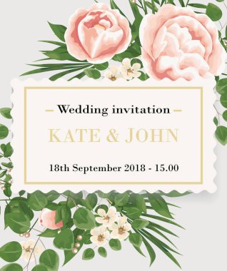 Düğün davet şablonu peonies, çiçek ve yeşil yaprakları. RSVP bir modern kartı tasarımıdır. Doğal, botanik, zarif vektör çizim