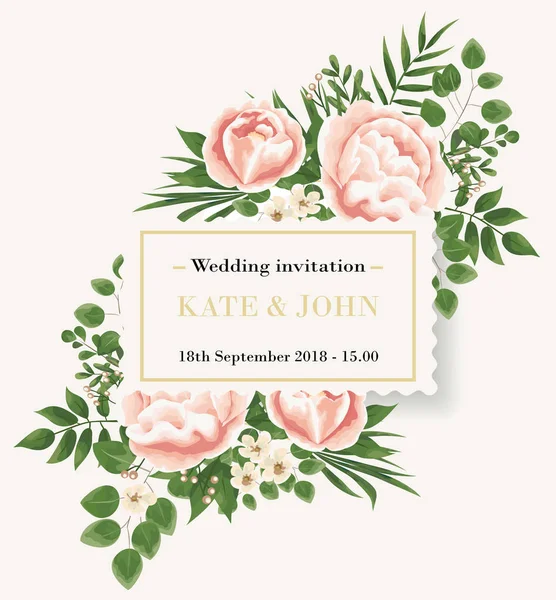 Düğün davet şablonu peonies, çiçek ve yeşil yaprakları. RSVP bir modern kartı tasarımıdır. Doğal, botanik, zarif vektör çizim