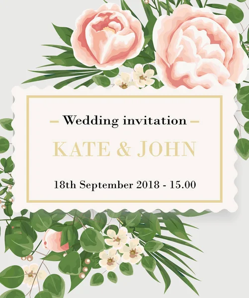 Düğün davet şablonu peonies, çiçek ve yeşil yaprakları. RSVP bir modern kartı tasarımıdır. Doğal, botanik, zarif vektör çizim