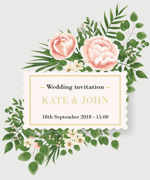 Düğün davet şablonu peonies, çiçek ve yeşil yaprakları. RSVP bir modern kartı tasarımıdır. Doğal, botanik, zarif vektör çizim