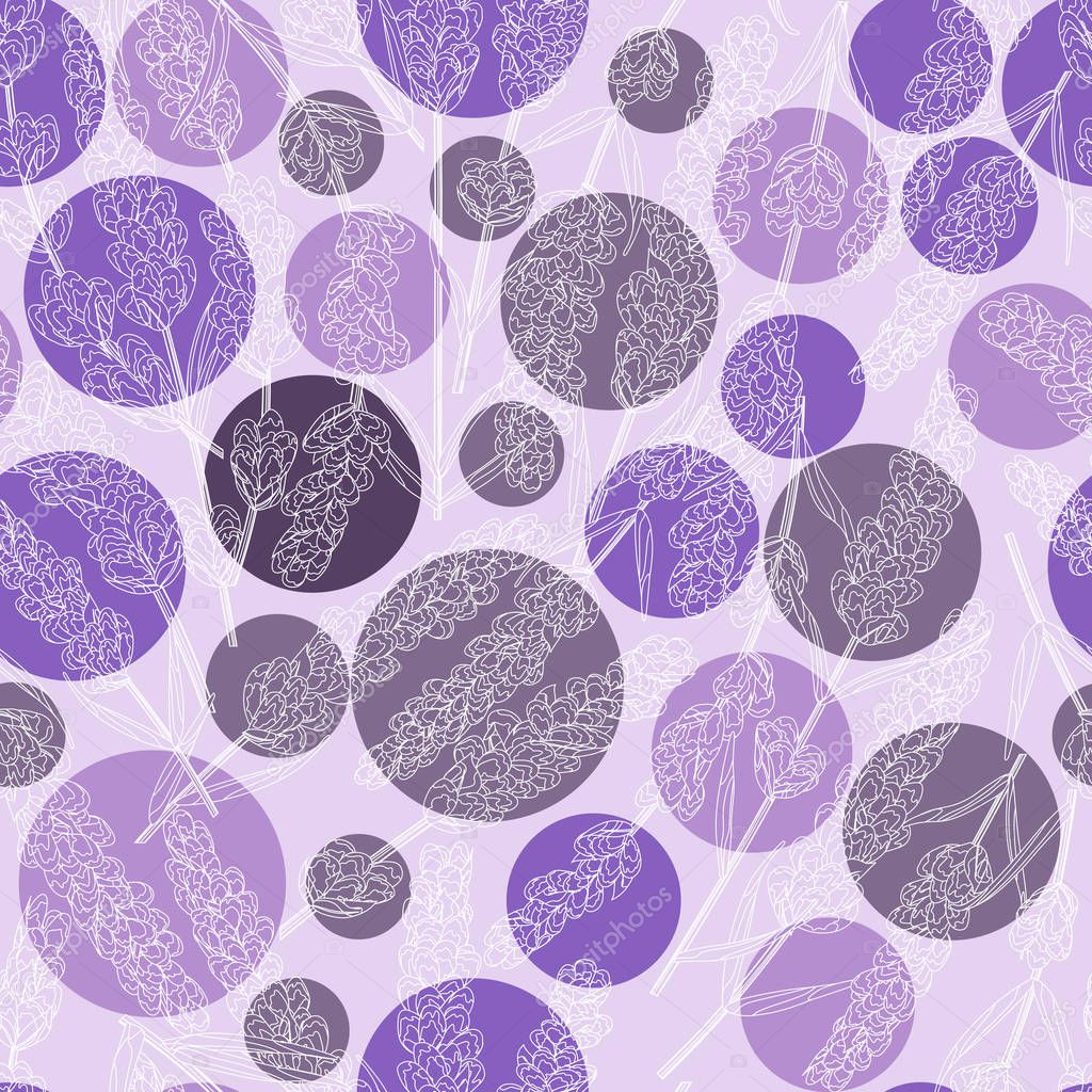 seamless background of purple lavender on a background of circles, flowers watercolor style. elegant flowers. vector backgroun