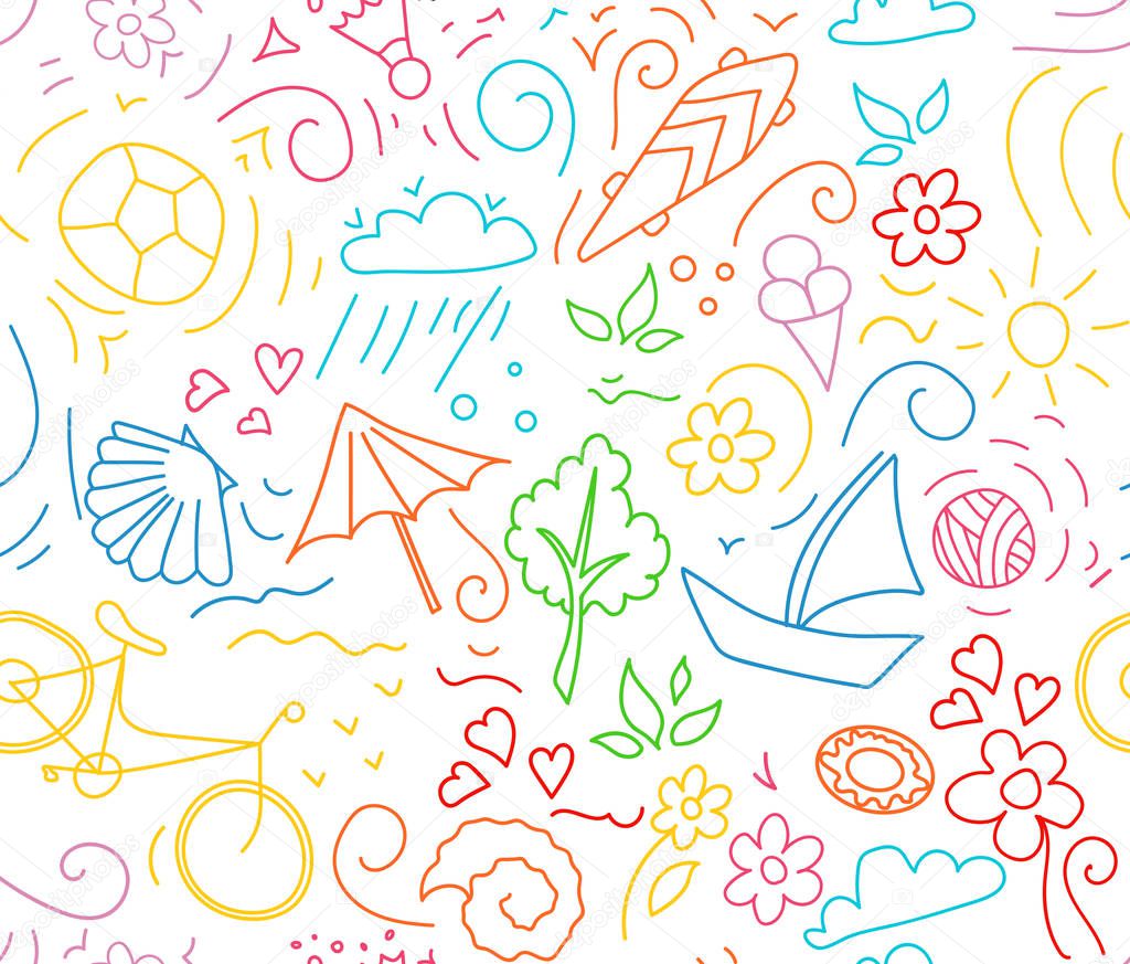  pattern, with bike, ball, flourishes, skateboard, shells and flowers.