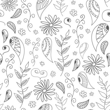 yapraklar, çiçekler, bukleler çizilmiş kıvrımlarına seamless modeli. arka plan desenleri, kartlar, background.sketch toplama için. Dekoratif elemanları tasarımı için. Mürekkep, vintage, rustik.