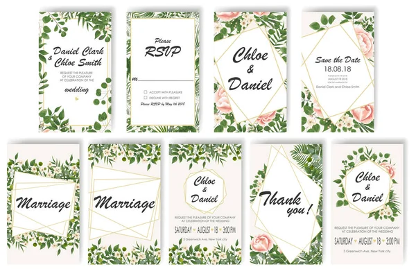 Set Boda Invitación Con Peonías Flores Hojas Verdes Rsvp Diseño — Archivo Imágenes Vectoriales