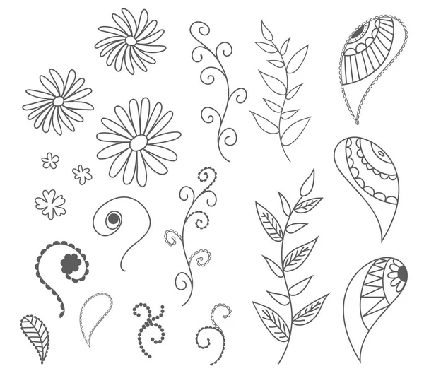 Yapraklar Çiçekler Bukleler Çizilmiş Vektör Anahatları Izole Kümesi Desenler Kartpostallar — Stok Vektör