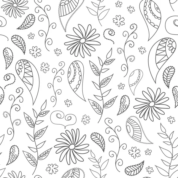 Seamless Pattern Drawn Contours Leaves Flowers Curls Background Patterns Cards — Stock Vector