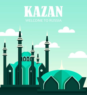 Rusya. Kartpostal, Rusya'ya banner.welcome. city ile düz illüstrasyon