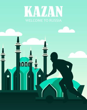futbol 2018. Rusya. Kazan, kartpostal, Rusya'ya banner.welcome. Kazan şehir ve futbol oyuncu ile düz illüstrasyon.