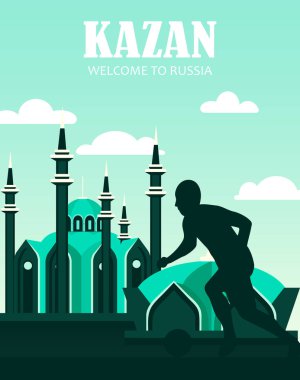 futbol 2018. Rusya. Kazan, kartpostal, Rusya'ya banner.welcome. Kazan şehir ve futbol oyuncu ile düz illüstrasyon.