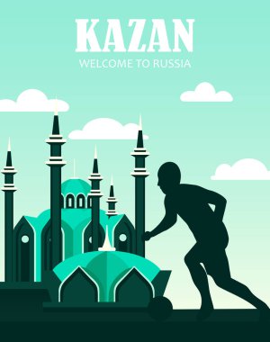 futbol 2018. Rusya. Kazan, kartpostal, Rusya'ya banner.welcome. Kazan şehir ve futbol oyuncu ile düz illüstrasyon.