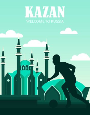 futbol 2018. Rusya. Kazan, kartpostal, Rusya'ya banner.welcome. Kazan şehir ve futbol oyuncu ile düz illüstrasyon.