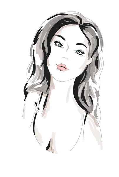 Retrato Mujer Hermosa Dibujado Mano Chica Moda Con Pelo Rizado — Foto de Stock