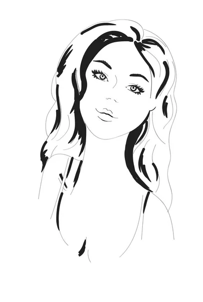 手描きの美しい女性の肖像画 巻き毛を持つファッショナブルな女の子 スケッチ ベクトル図 — ストックベクタ