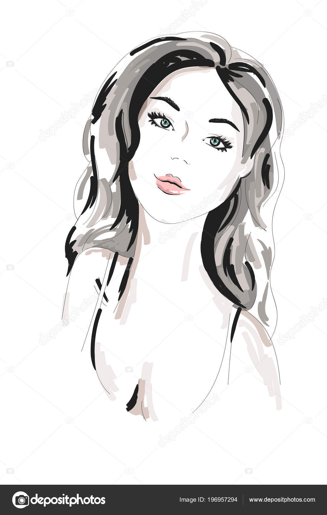 Hand Drawn Beautiful Woman Portrait Fashionable Girl Curly Hair