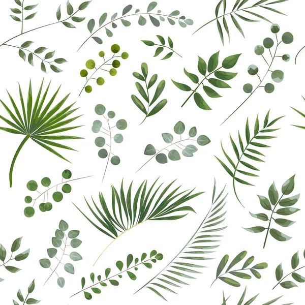 Mönster Gröna Blad Vit Bakgrund Akvarell Stil — Stock vektor