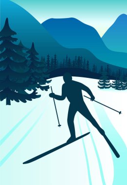 Çokgen manzara çizim sporcular ile vektör arka plan. Kış sporları. düz tasarım. vektör çizim. snowboard, Kayak, patenci, yokuş aşağı kayak