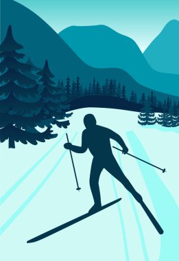 Çokgen manzara çizim sporcular ile vektör arka plan. Kış sporları. düz tasarım. vektör çizim. snowboard, Kayak, patenci, yokuş aşağı kayak