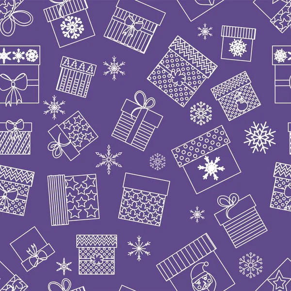 Patrón sin costuras de regalos sobre fondo púrpura brillante. ilustración vectorial. regalos para el nuevo año — Archivo Imágenes Vectoriales