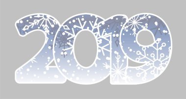 Yeni yıl 2019. Takvim. Beyaz yazıt, neşeli Chrismas. Festival modern minimalist. Yaratıcı odalar. Koyu arka plan. Smartphone laptop. Afiş, poster, numaraları kar tanesi illüstrasyon düz tasarım vektör çizim