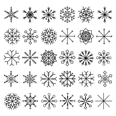 Kar tanesi simgeler. Beyaz arka plan üzerinde izole sevimli kar taneleri koleksiyonu. Düz kar simgeler, siluet. Noel afiş, kartları için güzel öğe. Yeni yıl süsleme. vektör çizim