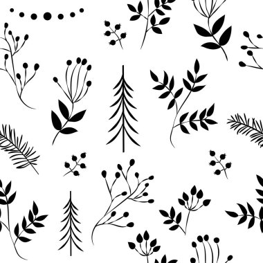 Basit Noel desen bir dizi. Noel ağaçları, kar taneleri, yapraklar, dallar, kızılcık, çilek rengi Illustration. düz tasarım. Kış vektör çizim