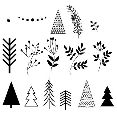 Basit Noel nesneleri kümesi. Noel ağaçları, kar taneleri, yapraklar, dallar, kızılcık, çilek rengi Illustration. düz tasarım. Kış vektör çizim
