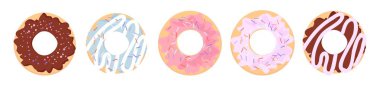 renkli lezzetli donuts kümesi. simgeler, düz stil. Vektör çizim. Yeni yıl, tatil kartları, Doğum günü kartları için öğeleri