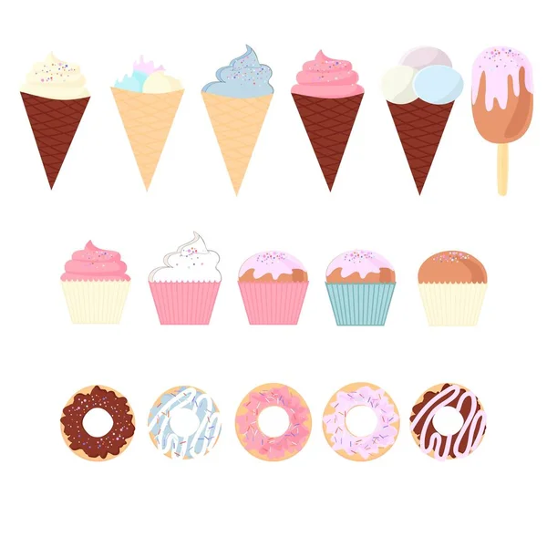 Ensemble Délicieux Cupcakes Colorés Gâteaux Desserts Crème Glacée Beignets Icônes — Image vectorielle