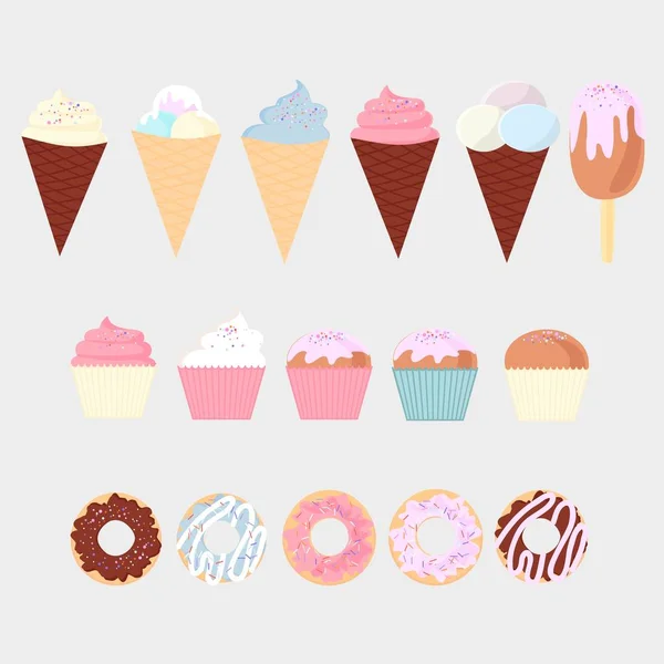Set Von Bunten Leckeren Cupcakes Kuchen Desserts Eis Und Donuts — Stockvektor
