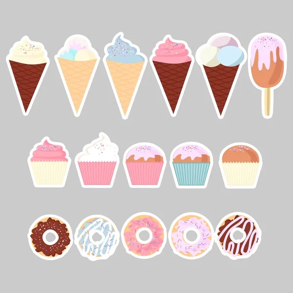 Set Von Bunten Leckeren Cupcakes Kuchen Desserts Eis Und Donuts — Stockvektor