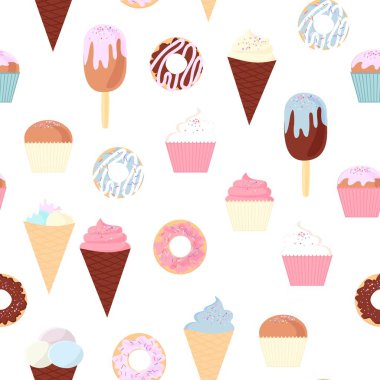 renkli lezzetli kek, kek, tatlı, dondurma ve donuts kümesi. Cupcake simgeler, düz stil. Vektör çizim. Yeni yıl, tatil kartları, Doğum günü kartları için öğeleri