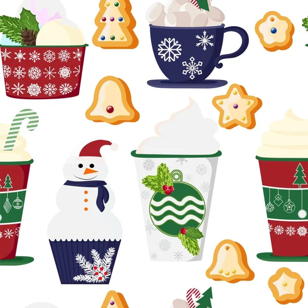 カラフルなおいしいカップケーキ ケーキ デザート クリスマスと新年の Decorations Flat スタイルとアイスクリームのセットのパターン ベクトル ホリデー カード — ストックベクタ