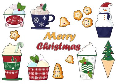 arka plan renkli lezzetli kek, kek, tatlı, dondurma Noel ve yeni yıl decorations.flat tarzı ile bir dizi. Vektör. Yeni yıl, tatil kartları, tebrik kartları için öğeleri. vektör çizim