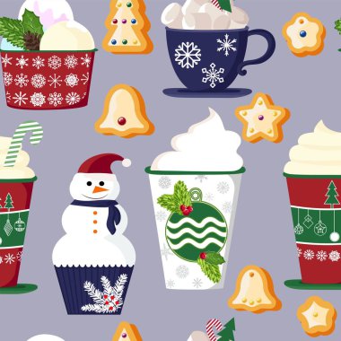 desen renkli lezzetli kek, kek, tatlı, dondurma Noel ve yeni yıl decorations.flat tarzı ile bir dizi. Vektör. Yeni yıl, tatil kartları, tebrik kartları için öğeleri. vektör çizim