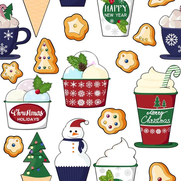 Padrão Conjunto Cupcakes Deliciosos Coloridos Bolos Sobremesas Sorvete Com Natal — Vetor de Stock