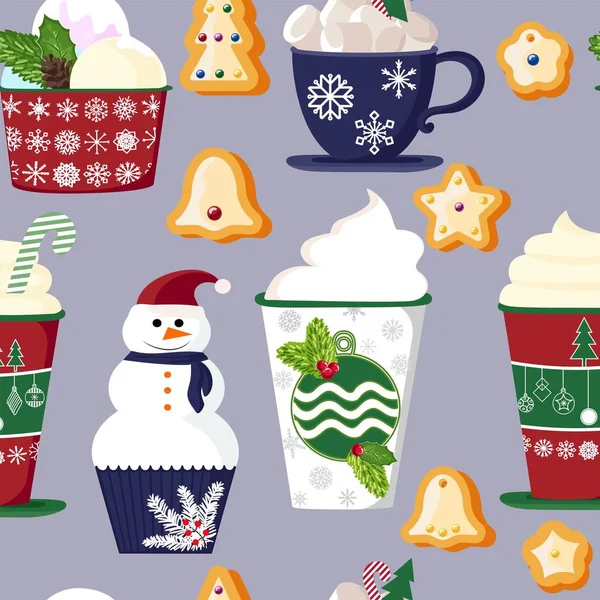 カラフルなおいしいカップケーキ ケーキ デザート クリスマスと新年の Decorations Flat スタイルとアイスクリームのセットのパターン ベクトル ホリデー カード — ストックベクタ