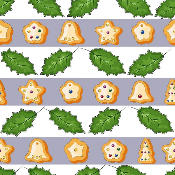 Téli Varrat Nélküli Minták Mézeskalács Cookie Kat Csodálatos Ünnep Vector — Stock Vector